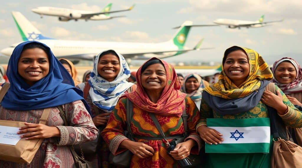 Ethiopian Jewish immigrant women at airport, holding Israeli flags.