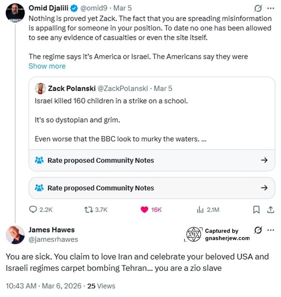 2026-10-24 06_44_12-James Hawes on X_ _@omid9 You are sick. You claim to love Iran and celebrate you